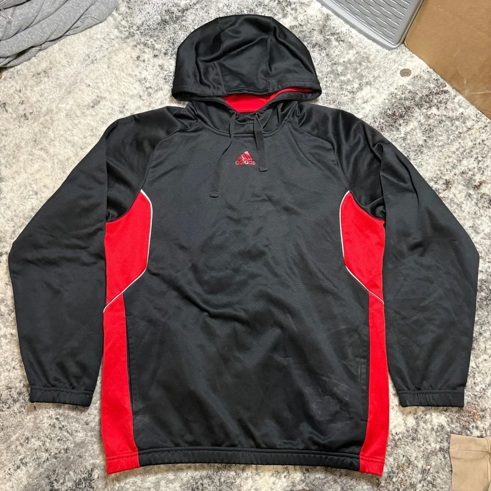 Adidas Mens Hoodie Black Red Colorblock Athletic Sweatshirt RN‎ 88387 Medium